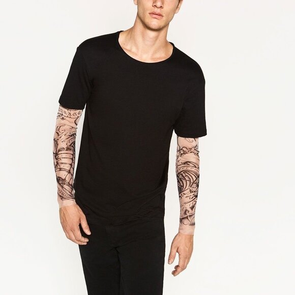 ZARA Man Tattoo Sleeve Skull Pirate Mesh Long Sleeve Layered T Tee Shirt - Picture 1 of 8